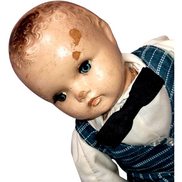 16" Vintage Charrning Composition Tin Eyes ~ Curly Molded Hair ~ School Boy Doll - Picture 6 of 14